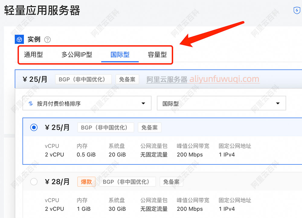 轻量应用服务器通用型/多公网IP型/国际型/容量型