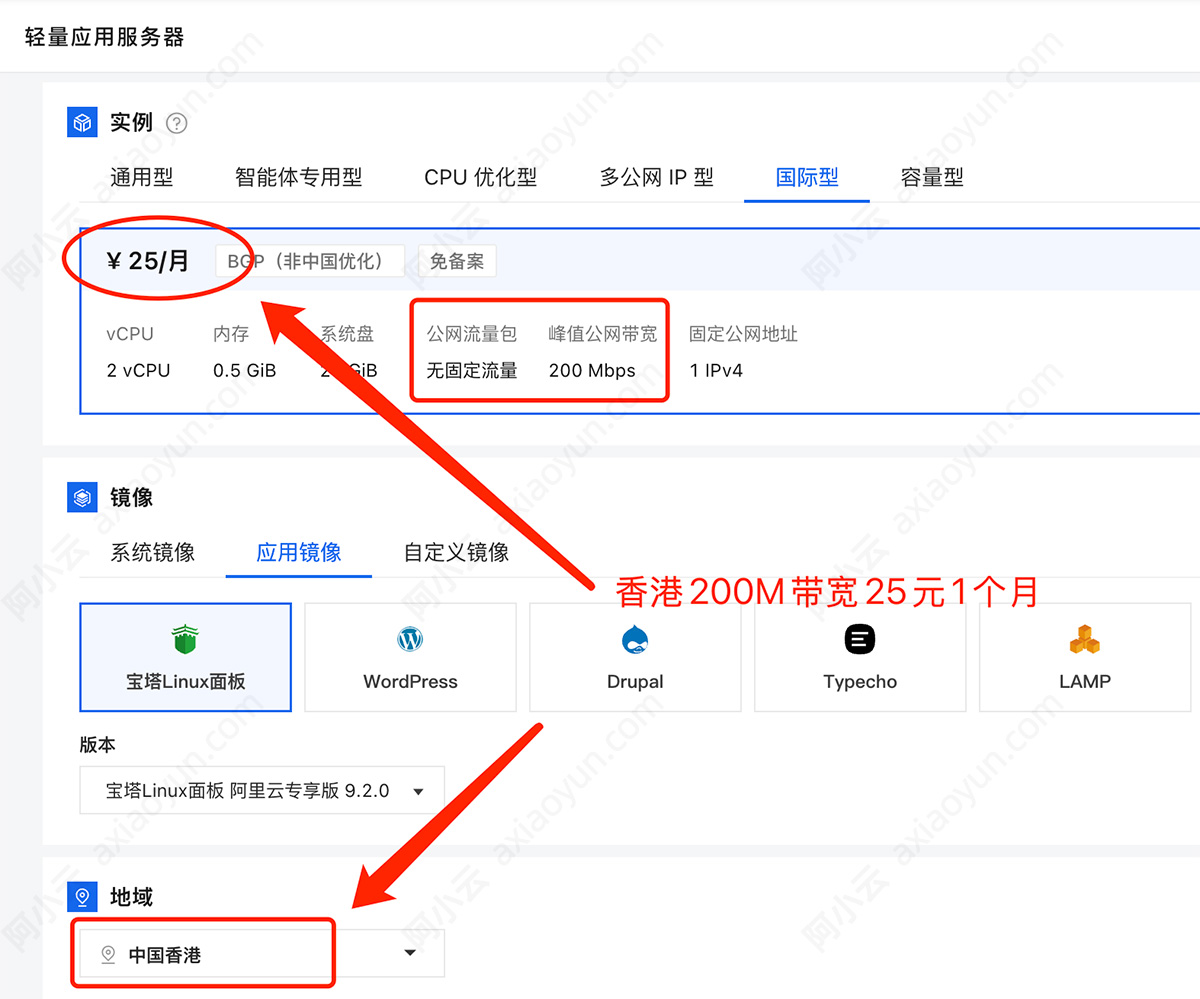 阿里云轻量应用服务器国际型香港地域
